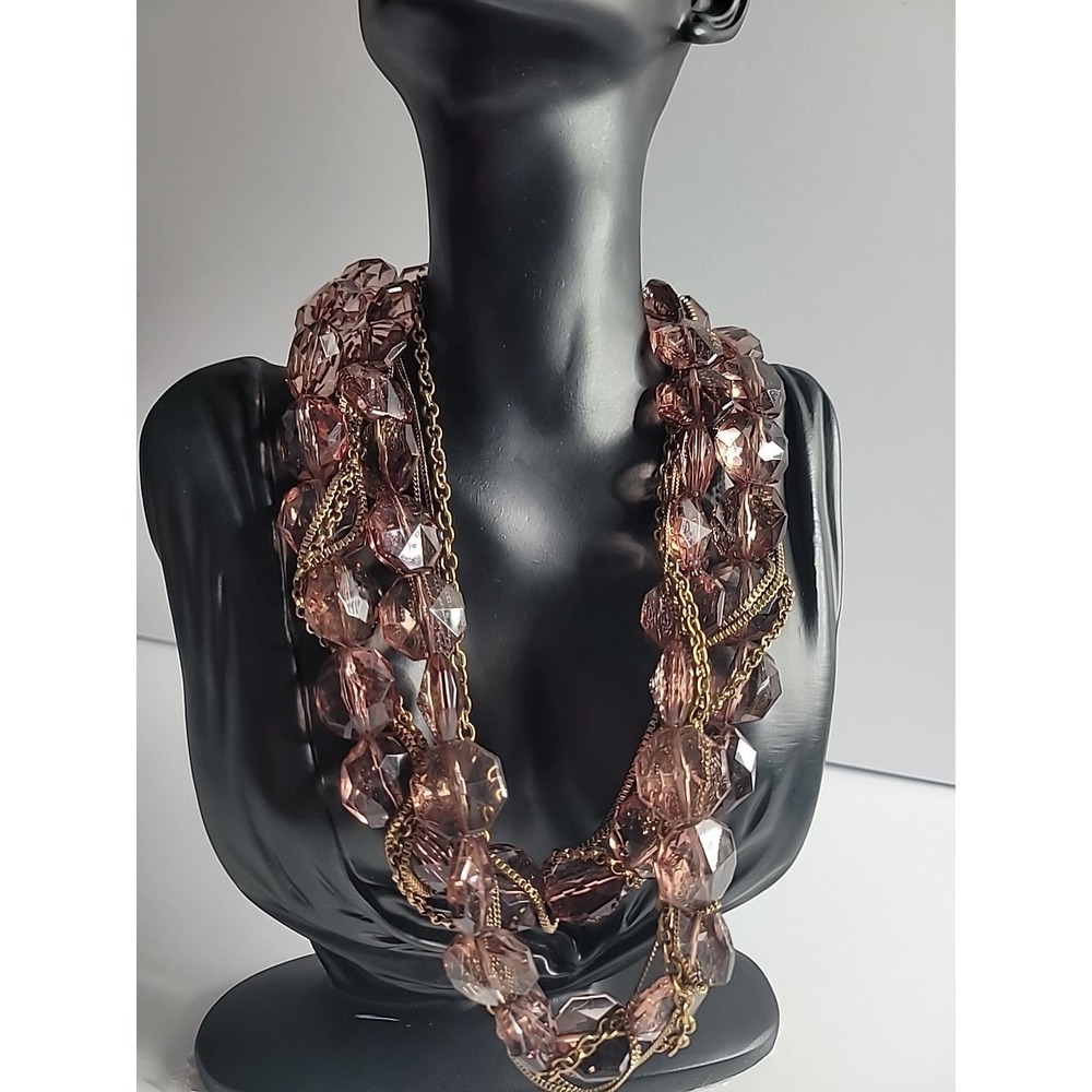 Chunky‎ Mauve Faceted Bead Necklace Twisted Gold Tone Multi Strand Statement